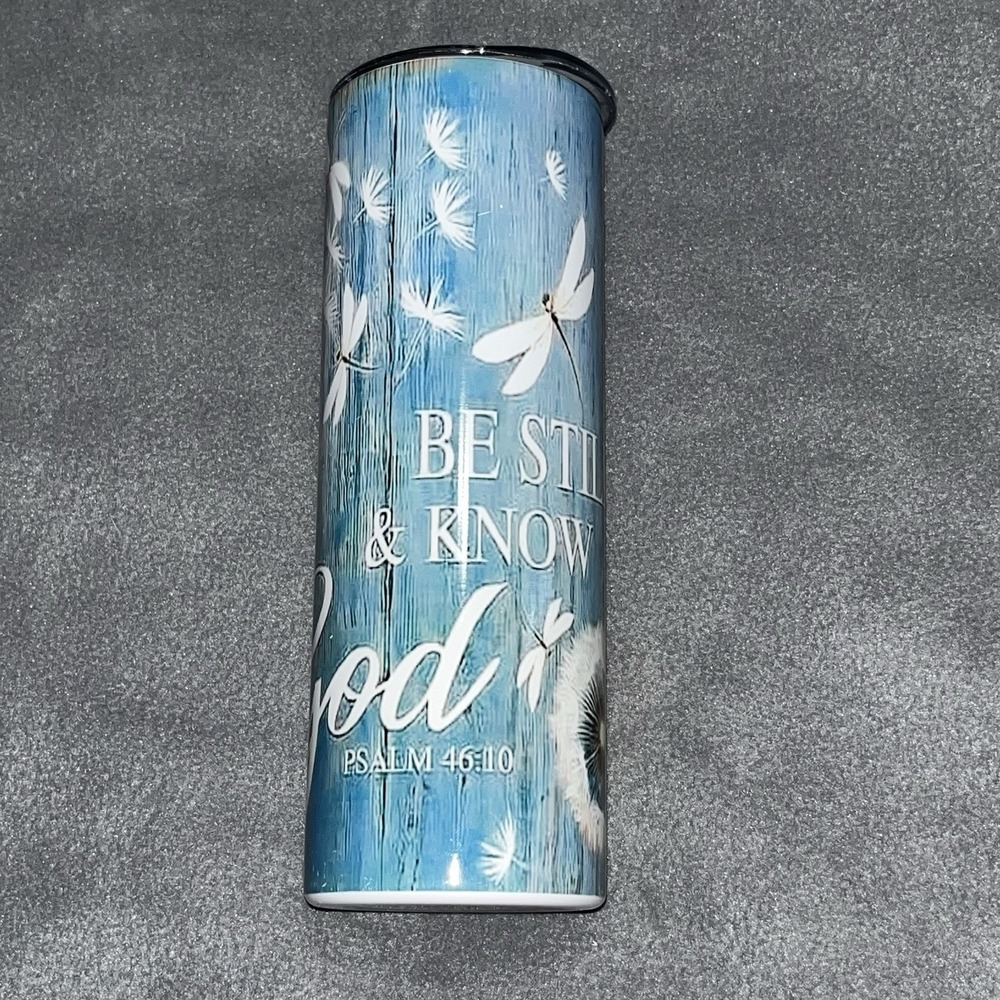 Be Still & Know Blue Wood Dragonflies/Dandelions 20 oz Insulated Skinny‎ Tumbler